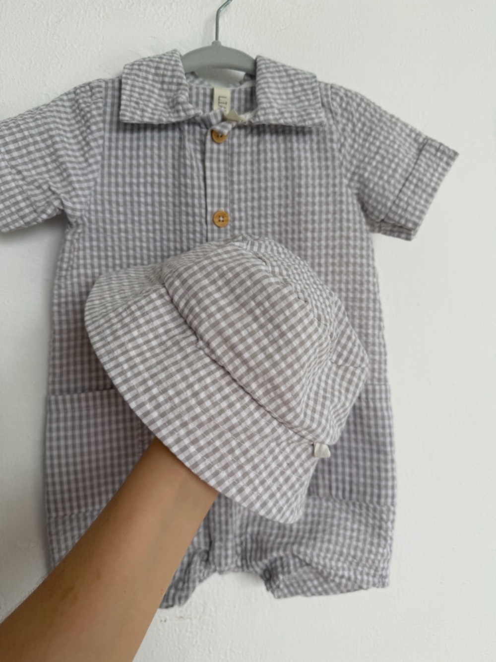 Gray Gingham Kids Matching Set Romper with Hat - Picture 2 of 5